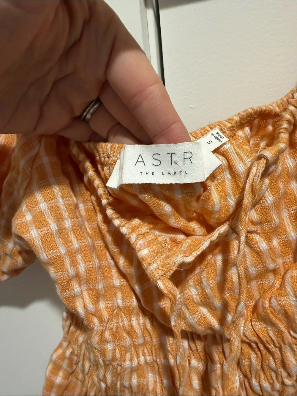 Astr Orange Gingham Puff-Sleeve Smocked Crop Top